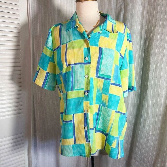 Alia | Women’s | Blouse | Size 12 | Yellow Aqua Watercolor Textured Button Down - Picture 1 of 5